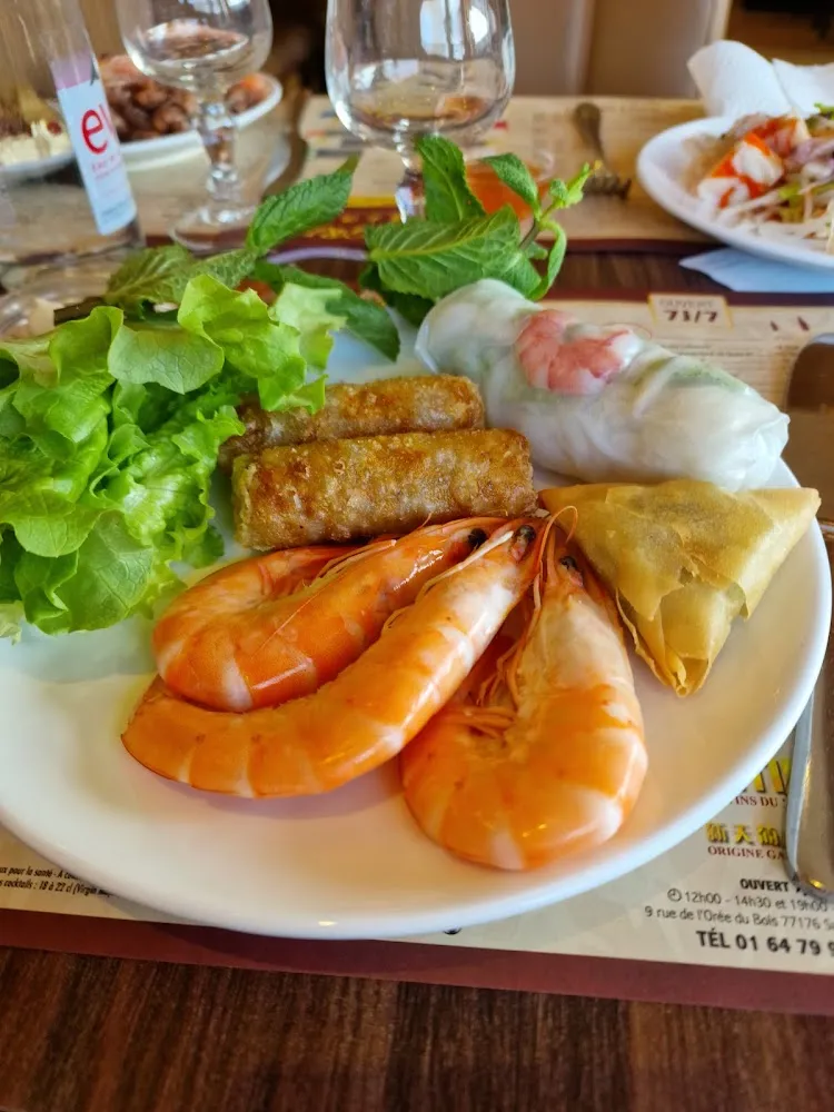 Rouleau de Printemps Et Nems Au Poulet Ainsi Que Samoussa Et Crevettes Roses